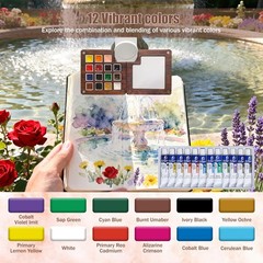 Portable Watercolor Travel Set,15-Grid Wooden Palette Kit with Bag,12 Colors,…