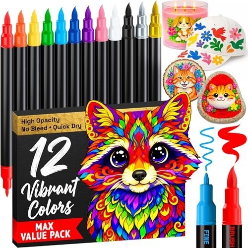 24 Acrylic Paint Markers – Paint Pens for Drawing, Brush + Fine Tips – for Fabri