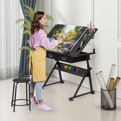Drawing Table Adjustable Art Crafts w/ Stool Drafting Desk Creative Center Black