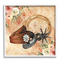 Cowboy Spurs Floral Roses Framed Giclee Art, Design 17″L x 17″W White Framed