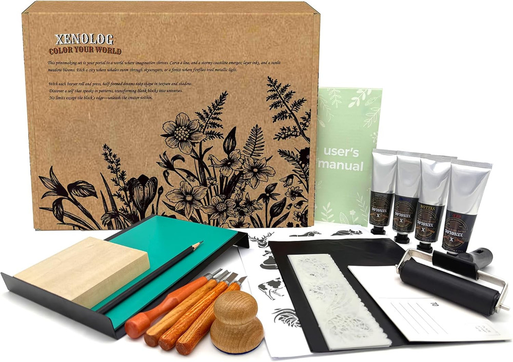 Deluxe Block Printing Kit – Premium Lino Cutters, Linoleum Blocks for Printmakin