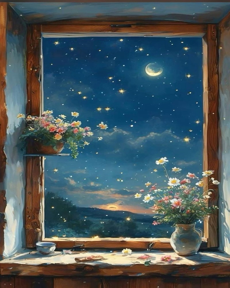 Paint By Numbers Moonlit Window Romantic Moonlit Window View Full Drill Art