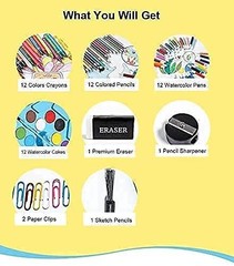46 Pcs Art Set for Kids with Crayons, Sketch Pens, Watercolors & Pencil Colours