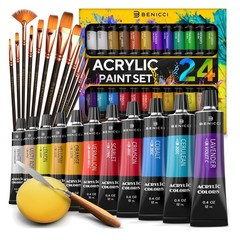 Acrylic Paint Set 24 Colors 12 Art Brushes & Supplies