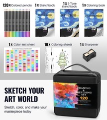 120 PCS Oil Based Soft Core Colored Pencils Sketch Book Drawing Case Set Art