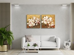 Pyradecor Large Gold Framed Canvas Wall Art Magnolia Flowers 2 Panels Floral …
