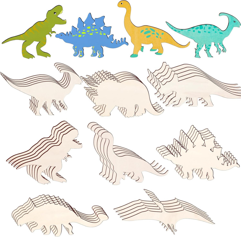 48 Pack Unfinished Wooden Dinosaur Animal Cutouts,Pterosauria,Tyrannosaurus Rex,