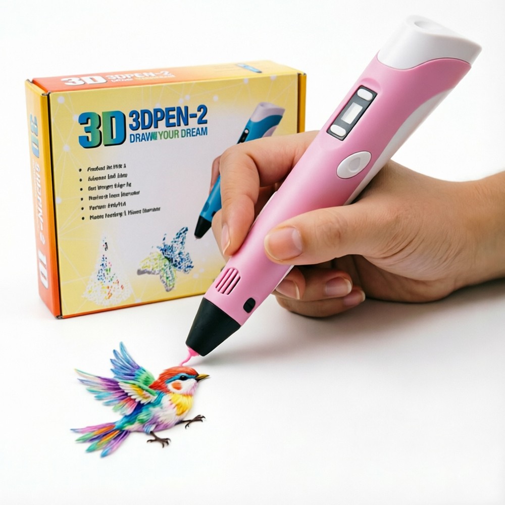 3D Printing Pen 3D Drawing Pen LED Display Kid Gift W/ 6 Color PLA Filament Pink