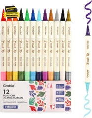 24 Colors Acrylic Paint Markers, 12 Pack Dual Tip Soft Brush Acrylic Markers, Wa