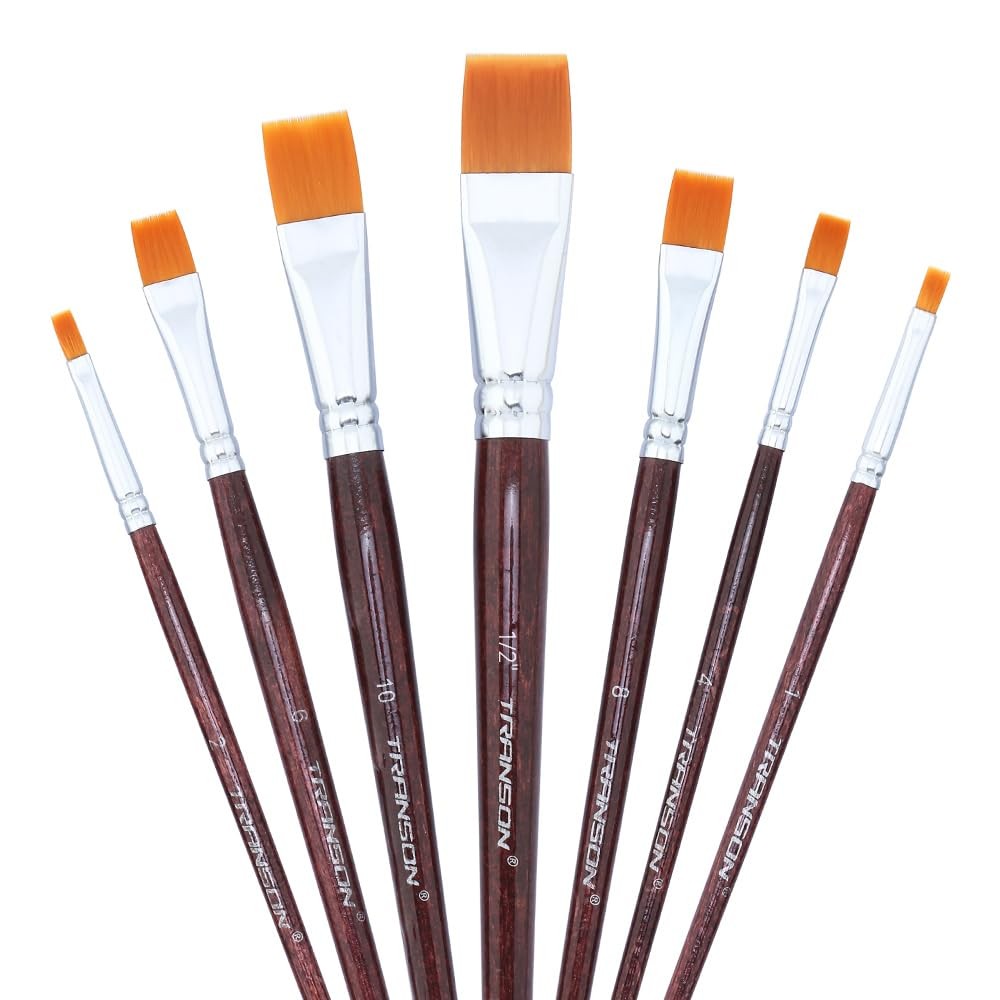 Transon Flat Paint Brush Set 7pcs for Acrylic Watercolor Gouache Oil and Body Pa