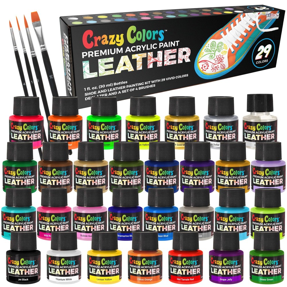 Acrylic Leather and Shoe Paint Kit, 29 Colors, Deglazer, 4-Piece Brush Set – 1
