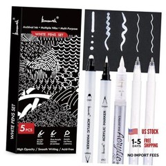 White Pens Set Pack, 1mm White Gel Pens, Dual-Tip Acrylic Paint Pen, Brush 5