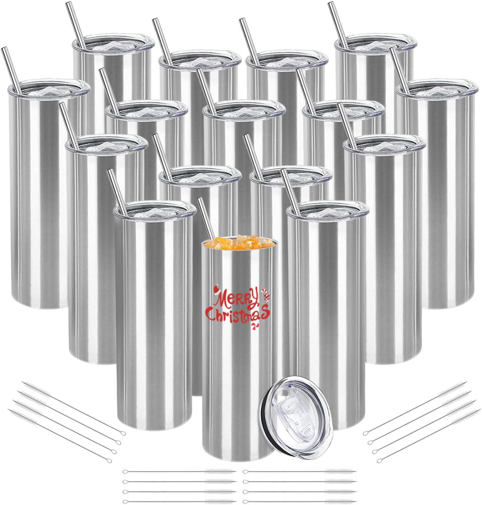 YOUKE OLA 16 Pack Stainless Steel Skinny Tumblers Blank Bulk Straight Double