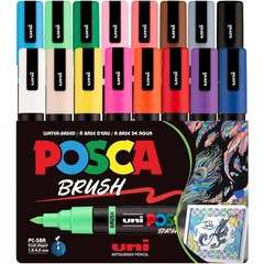 Uni PC-5BR Paint Markers, Reversible Brush Tip, 16 Colors