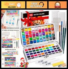 100 Color Watercolor Paint Set with Brushes, Palette & Papers – Art Supplies for