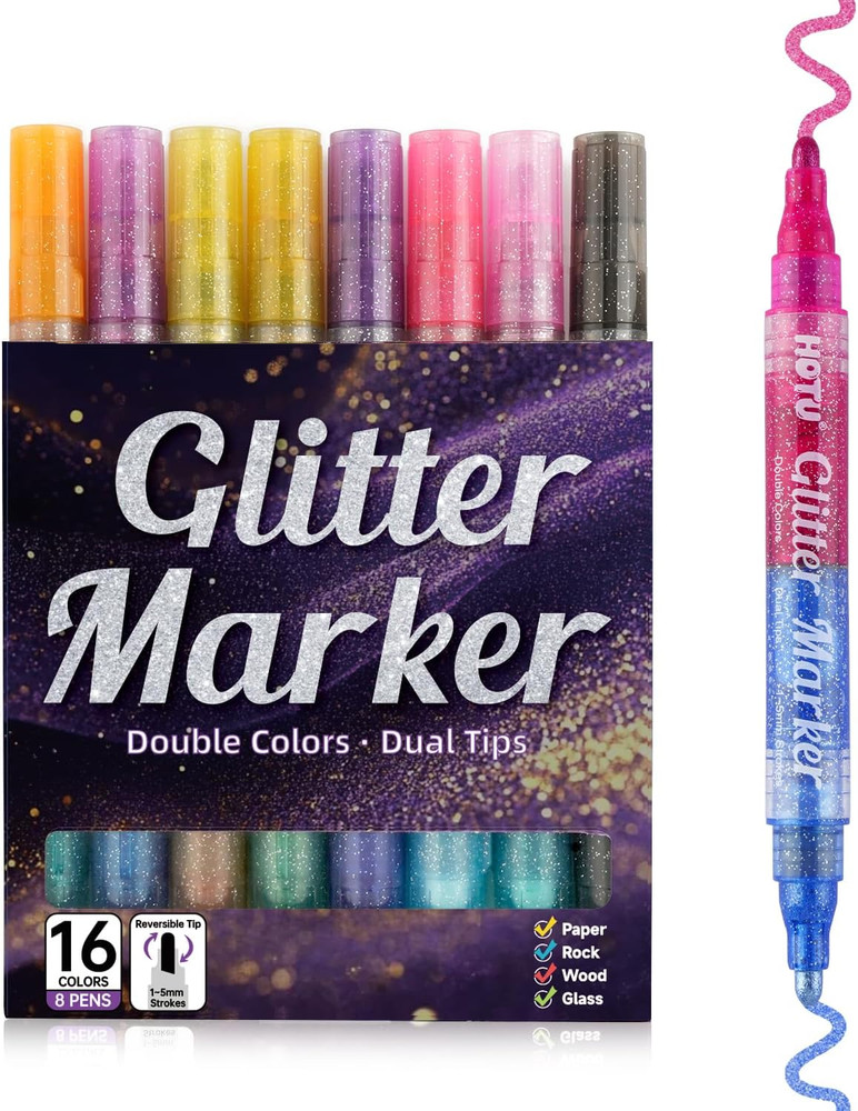Glitter Markers Pens, 16 Colors Glitter Acrylic Paint Pens, Sparkly Metallic Dua
