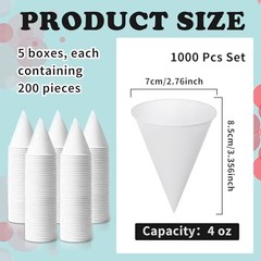 1000 Pcs 4 oz Paper Cone Cups White Classic Disposable Thicken Cone Cups, for