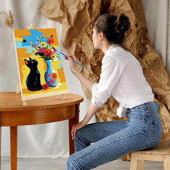 Cat Paint by Numbers with Frame for Adults Beginners, DIY Vase Flower Paint by N