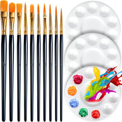 10 Paint Brushes & 3 Round Paint Palettes Set for Acrylic, Oil, Watercolor