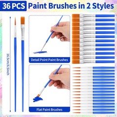 36 PCS Bulk Paint Brushes Flat Round Tip Nylon Hair For Oil Watercolor Art