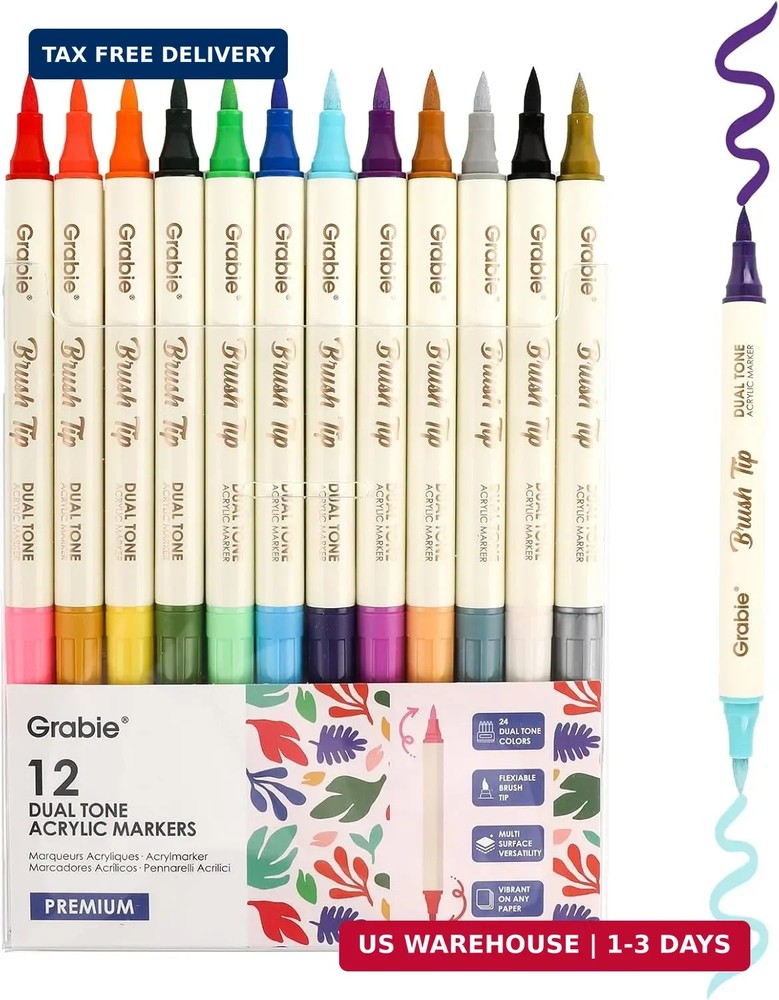 Grabie 24 Colors Acrylic Paint Markers, 12 Pack Dual Tip Soft Brush Acrylic Mark