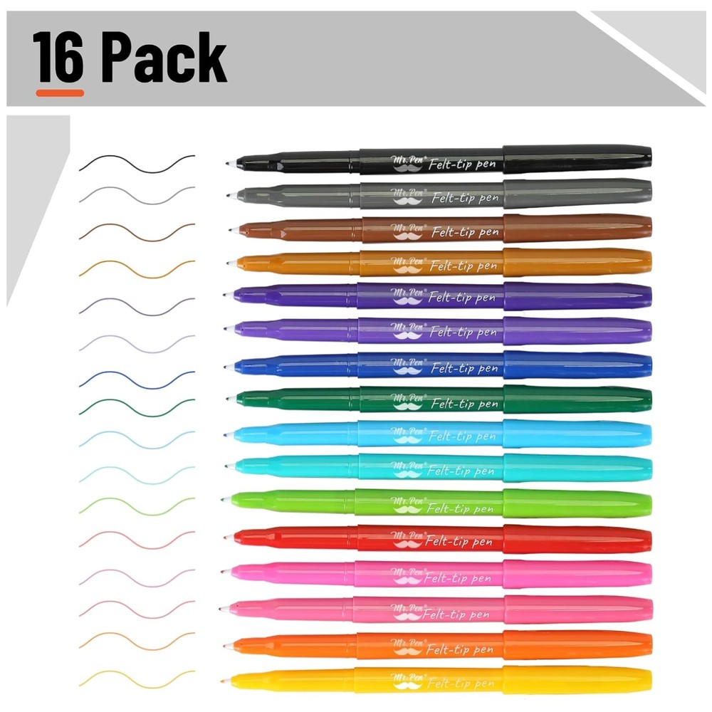 16-Pack High Pigment Felt Tip Pens, Assorted Colors