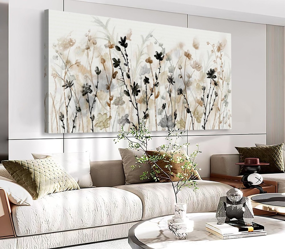 Abstract Floral Canvas Wall Art Grey Cream White Grass Flowers Canvas Picture…