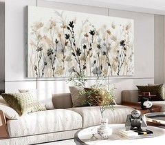 Abstract Floral Canvas Wall Art Grey Cream White Grass Flowers Canvas Picture…
