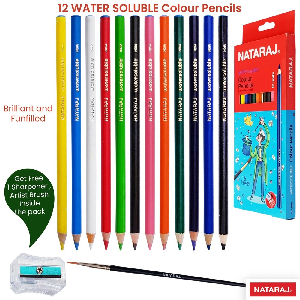 PREMIUM Quality Water Soluble Colouring Pencils + Sharpener + Brush – Pack of 12