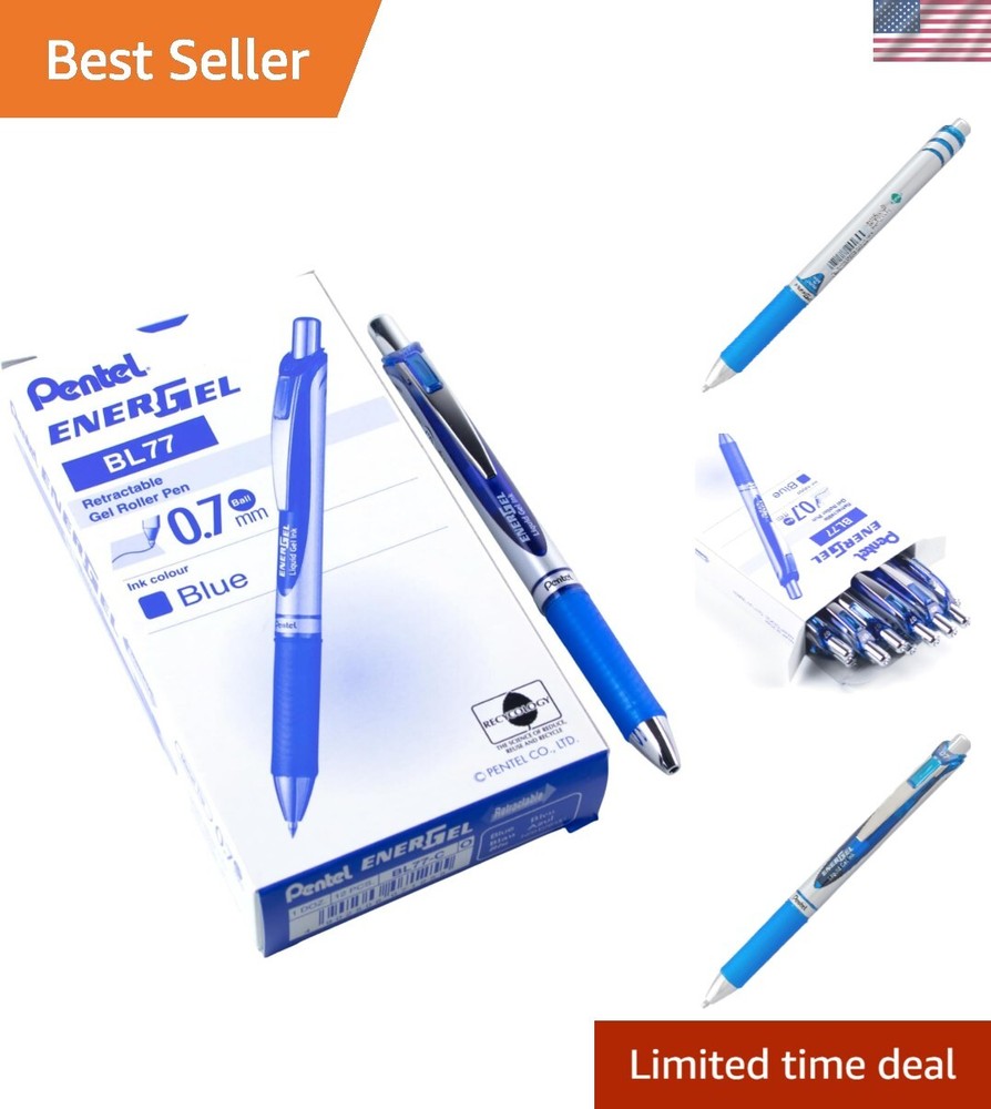 Water-Resistant Blue Gel Pens with Ribbed Grip – 12 Retractable 0.7 mm Pens