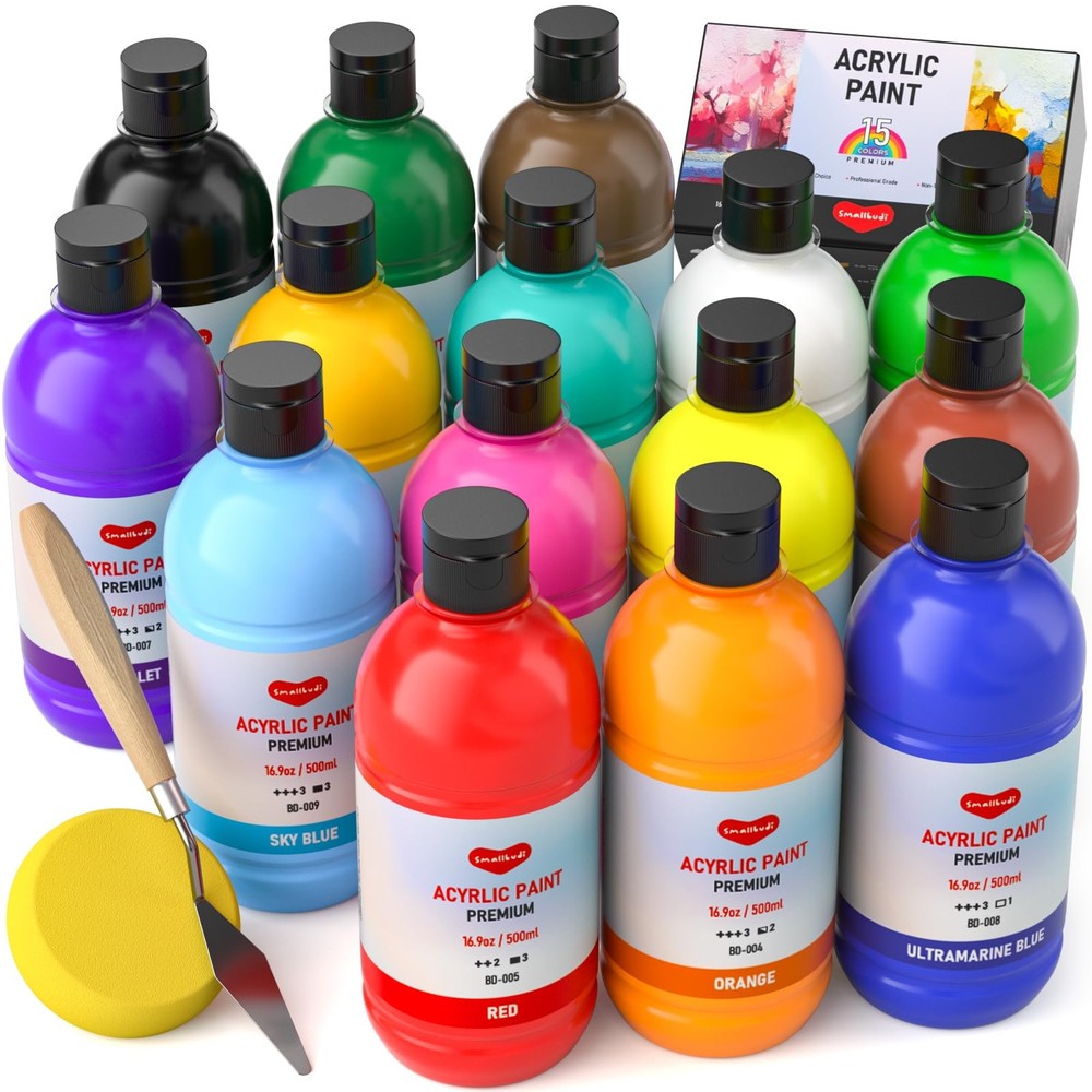 15 Colors Large Acrylic Paint Set (16.9 oz,500 ml), Bulk Acrylic Paint Non-To…