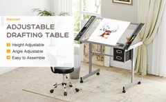 Adjustable Drafting Table Art Desk Drawing Table Glass Tabletop w/2 Slide Drawer