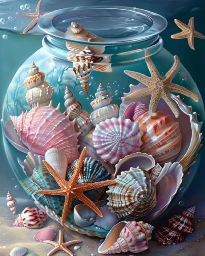 Shells and Star Fish in a Glass Jar 16”x20”(Frameless), Bottle Sea View 08