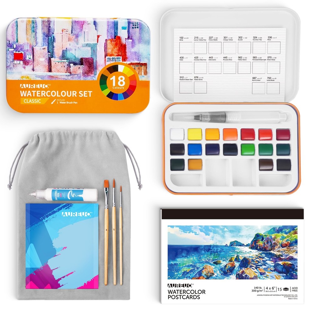 Travel Watercolor Set – 18 Classic Color Watercolor Paint Set with Brushes Wa…