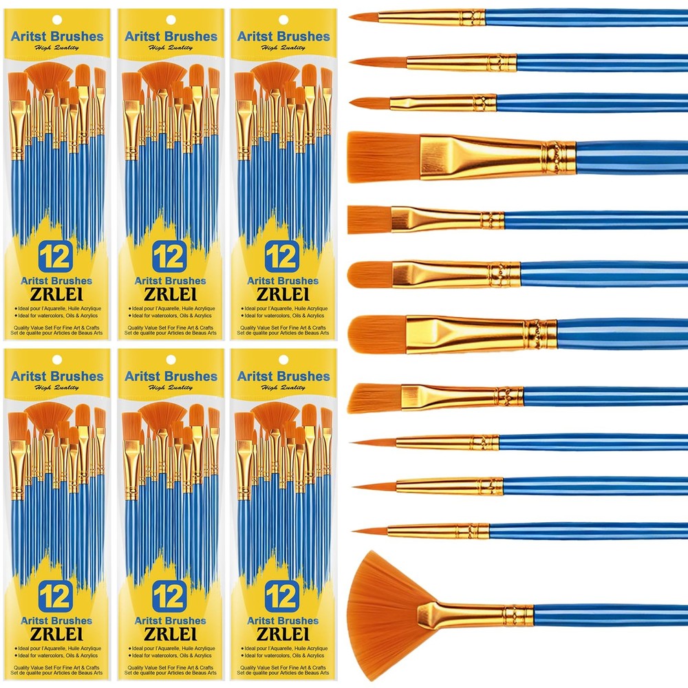 Paint Brushes Set, 6 Pack 72 Pcs Round Pointed Tip Artist Paintbrushes for Ac…