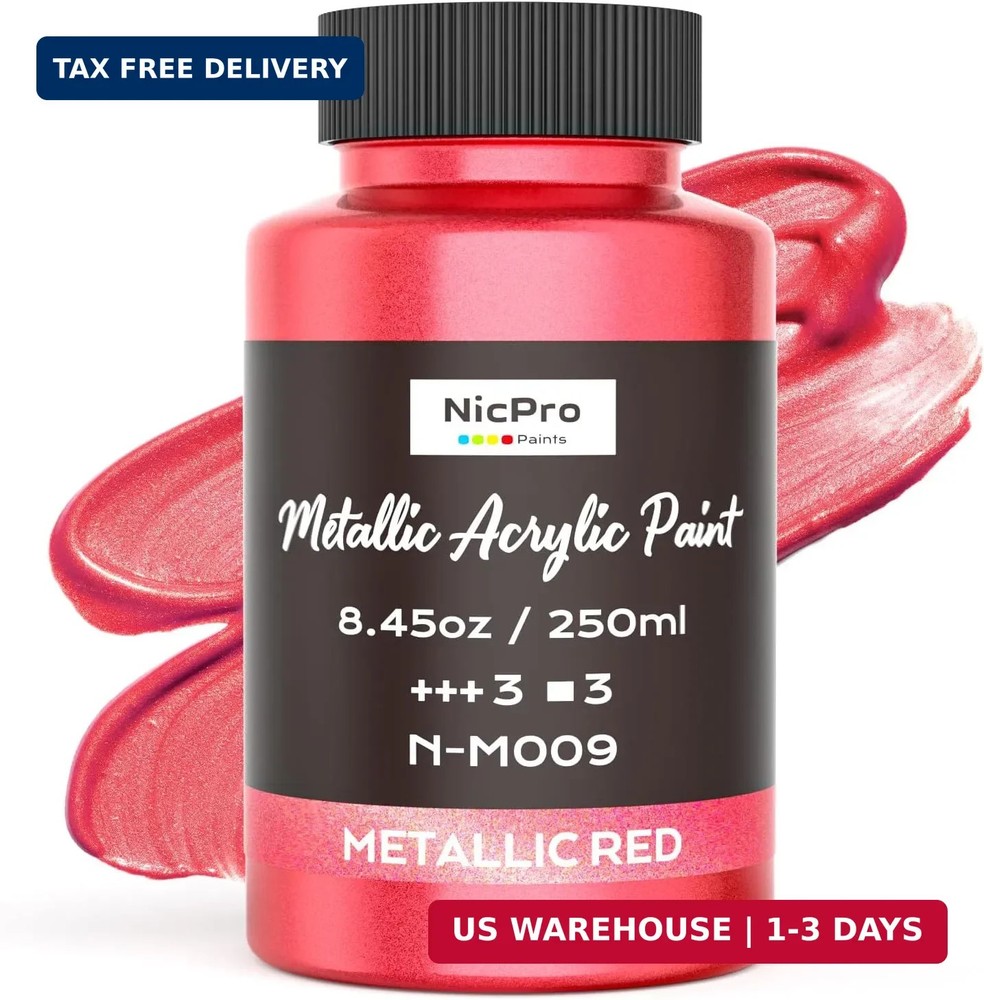 Nicpro Metallic Red Acrylic Paint, 8.45oz/250ml Large Metallic Paint, Non Toxic,