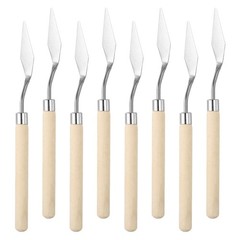 6.89″ 8Pcs Stainless Steel Palette Knife Birch Medium Pointed Natural Wood Color