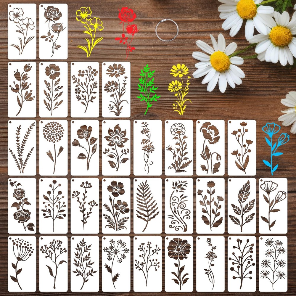 DZXCYZ 32 Pcs Wildflower Stencils for Painting on Wood, 5.9 inches x 3