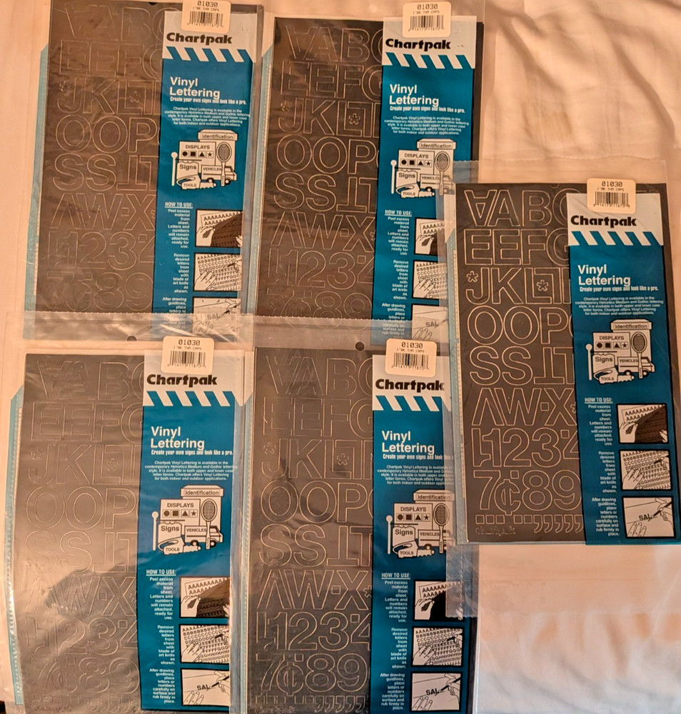 Lot of 5 Chartpak 01030 Vinyl Lettering 1″ Black Vinyl Letters – NEW