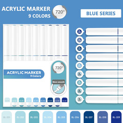 Water Based Acrylic Paint Markers Blue, 9 Colors Acrylic Paint Pens Set with Sof