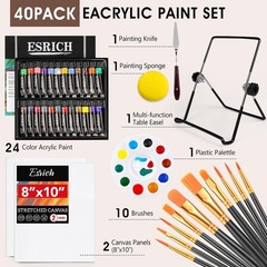 ESRICH 40PCS Acrylic Paint Set, Art Painting Supplies Kit with 24 Paints, 2 Canv