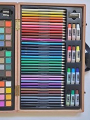 123 Art Set Wood Case 44 Color Sticks 36 Colored Pencils Brushes Eraser & More