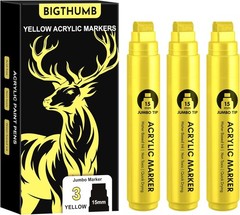 3 Pcs Yellow Jumbo Permanent Markers: 15mm Wide Tip Thick Acrylic Paint Pen Larg