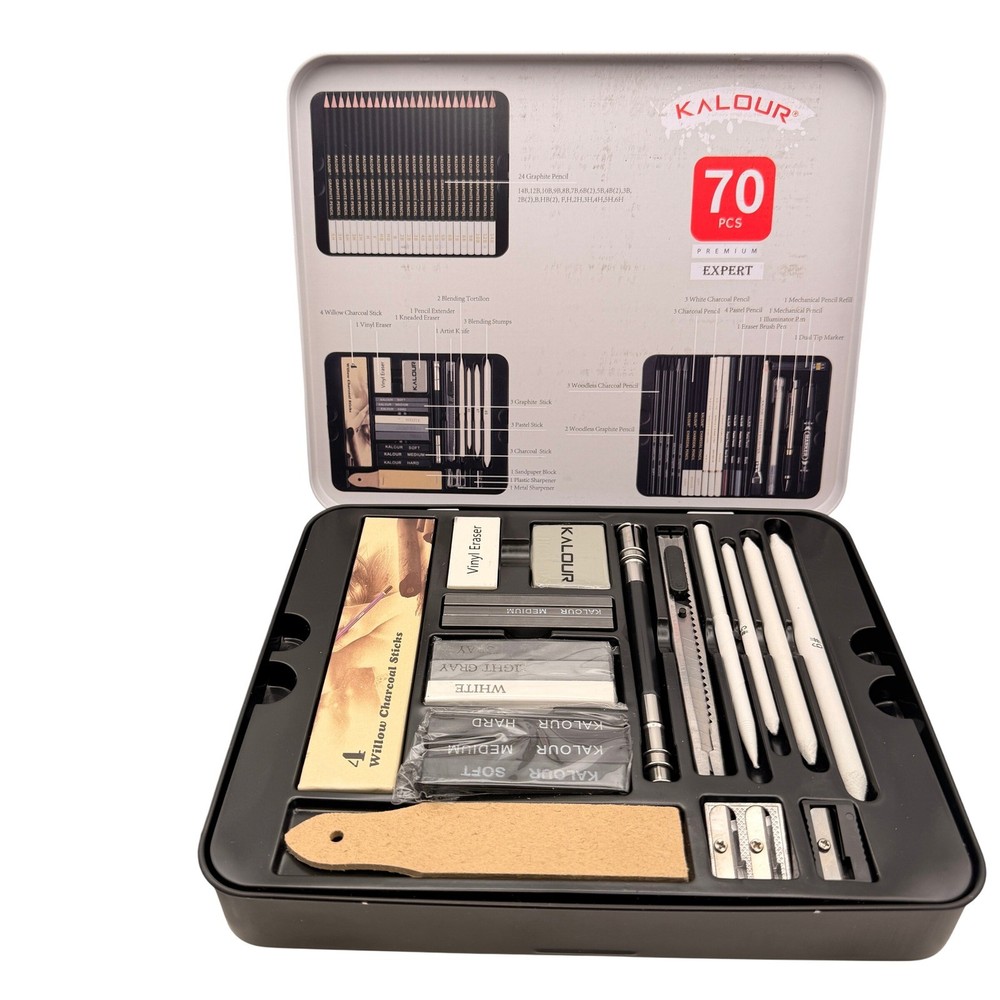 Kalour 70 Pcs Premium Expert Drawing Sketching Art Set Black Tin Case Gift