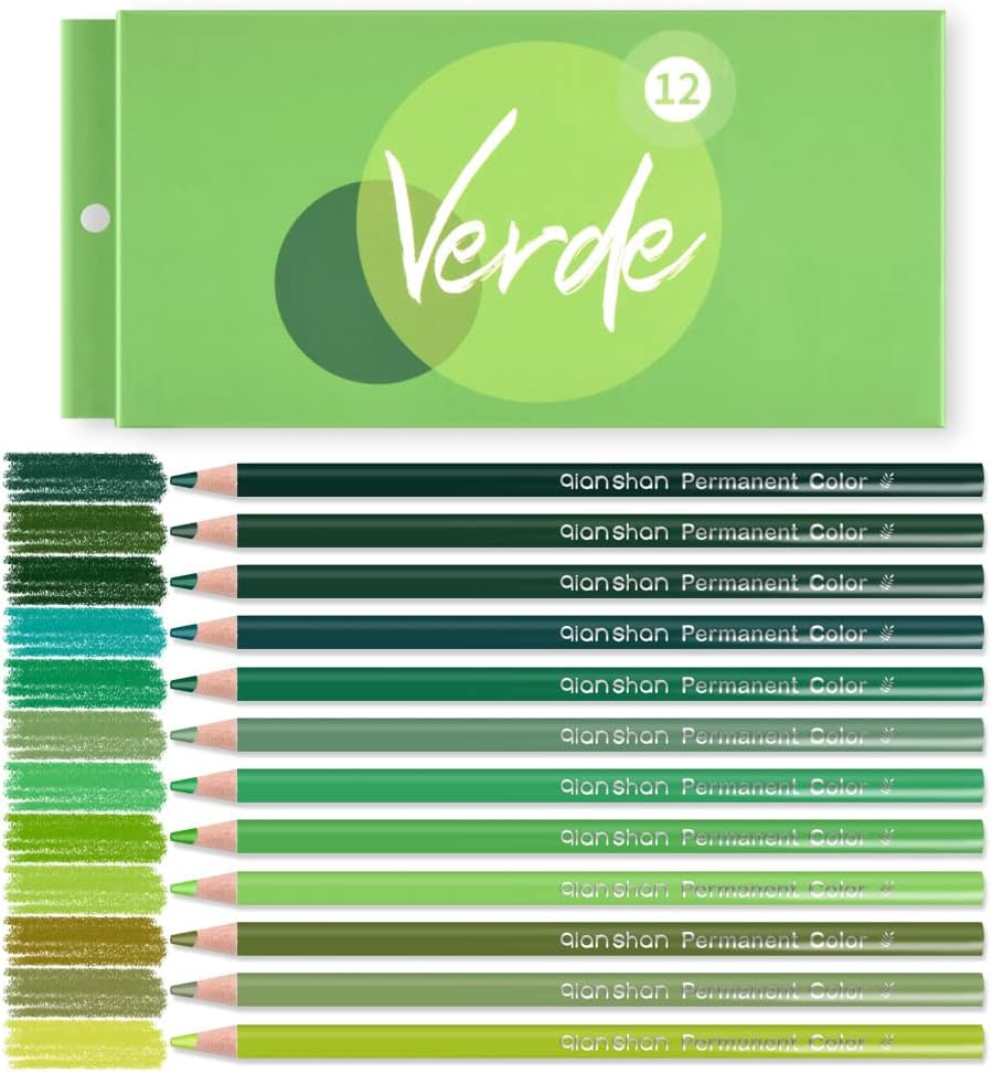 Qianshan 12 Green Colored Pencils Oil Based Pre-Sharpened Wooden Colored Pencil