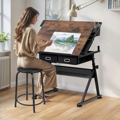 Adjustable Drafting Table with Power Outlet Artist Drawing Table with Stool