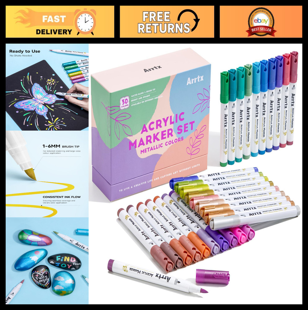 30 Colors Metallic Acrylic Paint Markers | 1-6mm Brush Tip | Fast Dry, No Shake,