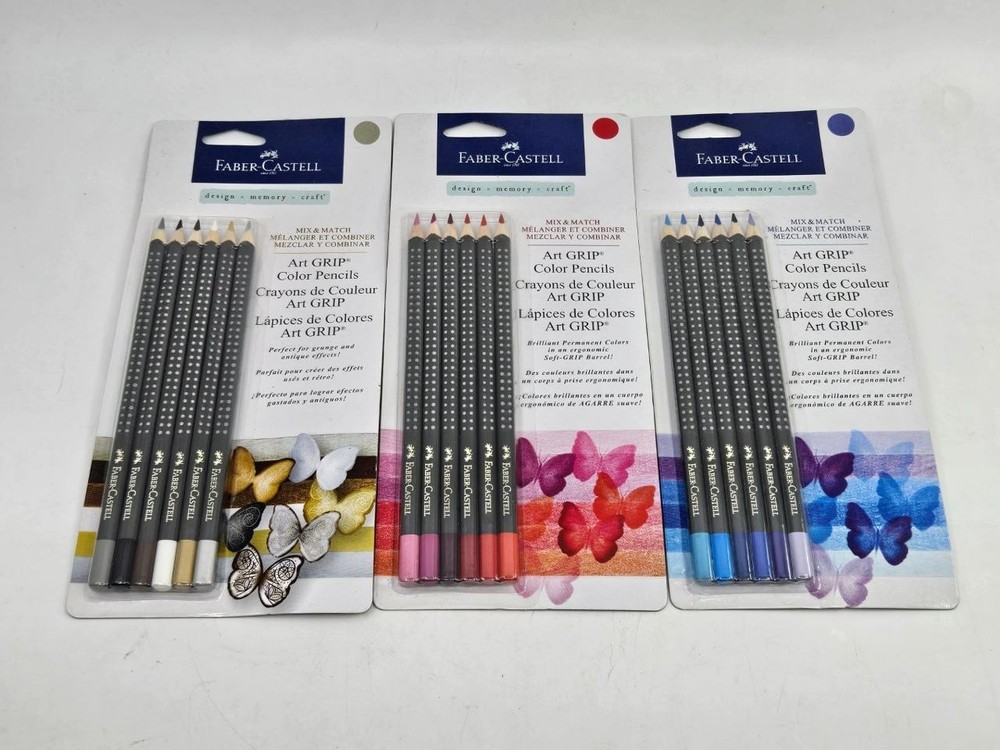 3 Packs Faber Castell Art Grip Color Pencils 18 Total Metallic, Reds, Blues, NEW