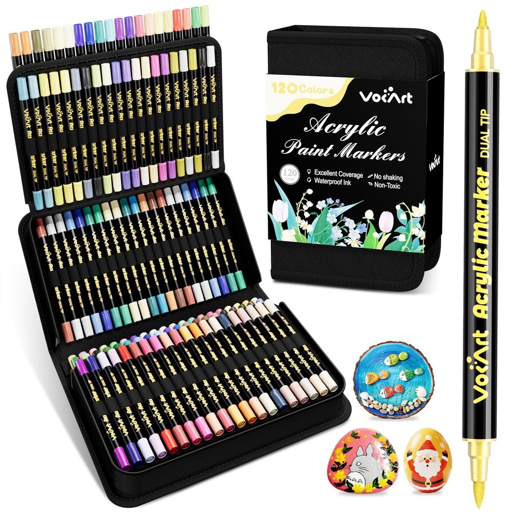 120 Colors Acrylic Paint Markers – Dual Tip Brush & Fine Pens for Rock, Canvas,