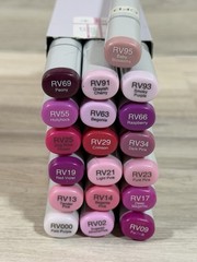 Copic Sketch markers in the RV (Red Violet) color family, Lot Of 19